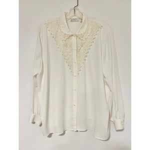 Cathy Che Vintage Cream Lace Bib Beaded Pearl Button Down Blouse Plus Size 20W